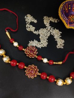 Flower Kundan Pearl Red Beads Bhaiya Bhabhi Rakhi Bracelet