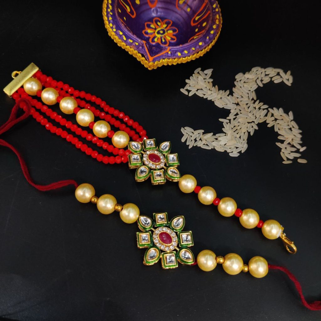 Gold Plated Kundan Pearl Beads Bhaiya Bhabhi Rakhi