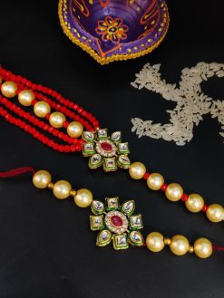 Gold Plated Kundan Pearl Beads Bhaiya Bhabhi Rakhi