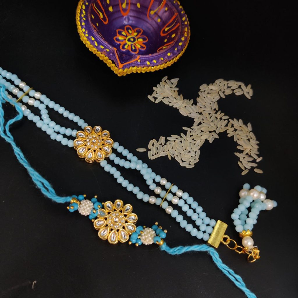 Gold Plated Kundan Pearl Mint Beads Bhaiya Bhabhi Rakhi