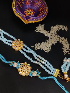 Gold Plated Kundan Pearl Mint Beads Bhaiya Bhabhi Rakhi