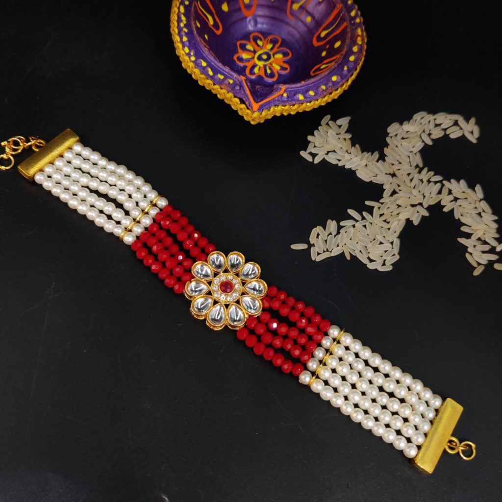 Gold Plated Kundan Pearl Pink Beads Bhaiya Rakhi Bracelet