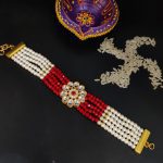 Gold Plated Kundan Pearl Pink Beads Bhaiya Rakhi Bracelet