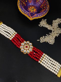 Gold Plated Kundan Pearl Pink Beads Bhaiya Rakhi Bracelet