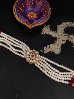 Gold Plated Kundan Pearl Beads Bhaiya Rakhi Bracelet