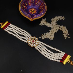 Gold Plated Kundan Pearl Beads Bhaiya Rakhi Bracelet