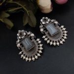 Silver Replica Elephant Studs | Affordable Oxidised Monalisa Stone Earrings - "Grey"