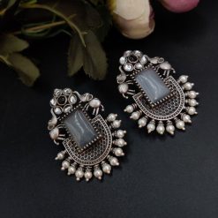 Unique Silver Replica Oxidised Elephant Design Monalisa Stone Earrings