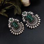Silver Replica Elephant Studs | Affordable Oxidised Monalisa Stone Earrings - "Green"