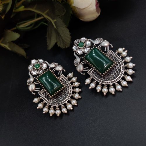 Unique Silver Replica Oxidised Elephant Design Monalisa Stone Earrings