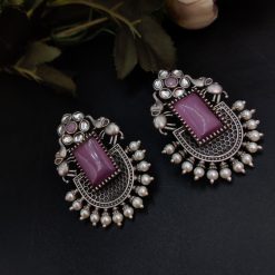 Unique Silver Replica Oxidised Elephant Design Monalisa Stone Earrings