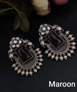Unique Silver Replica Oxidised Elephant Design Monalisa Stone Earrings