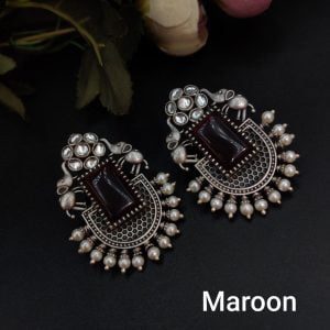 Unique Silver Replica Oxidised Elephant Design Monalisa Stone Earrings