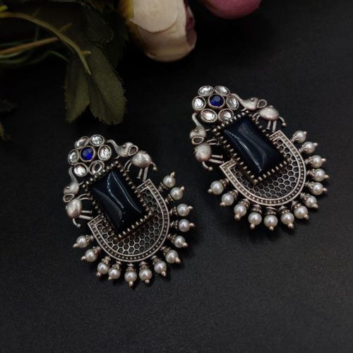 Unique Silver Replica Oxidised Elephant Design Monalisa Stone Earrings