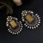 Silver Replica Elephant Studs | Affordable Oxidised Monalisa Stone Earrings - "Yellow"