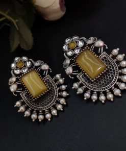 Unique Silver Replica Oxidised Elephant Design Monalisa Stone Earrings
