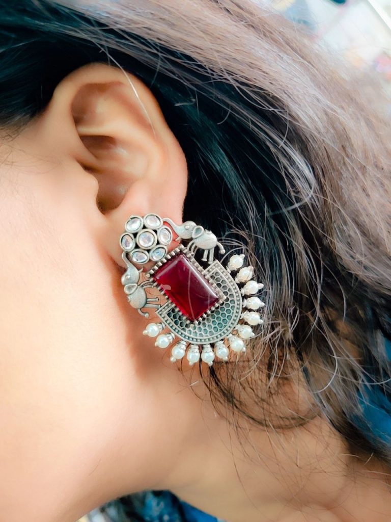 Silver Replica Elephant Studs | Affordable Oxidised Monalisa Stone Earrings