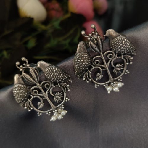 Oxidised Silver Replica Love Birds Earrings For Girls - Image 2