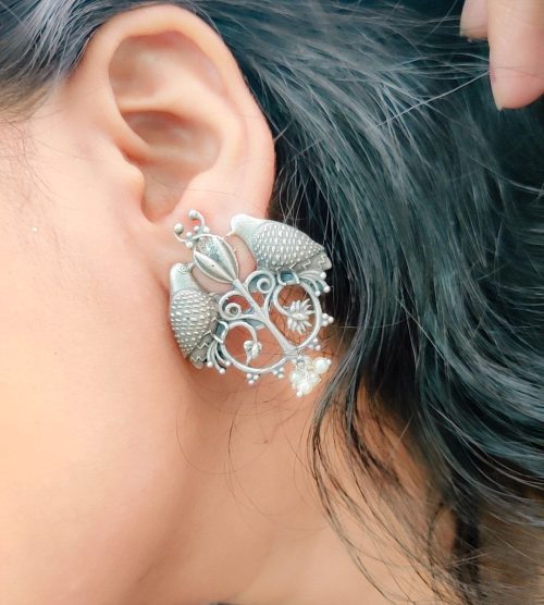 Oxidised Silver Replica Love Birds Earrings For Girls