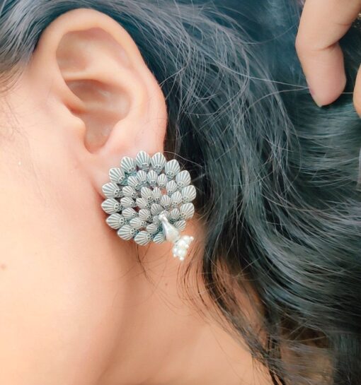 Oxidised Silver Replica Peacock Stud Earrings For Girls