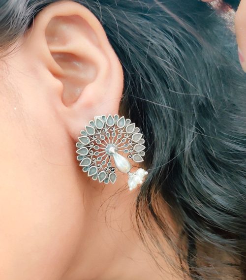 Oxidised Silver Replica Designer Peacock Birds Earrings For Girls