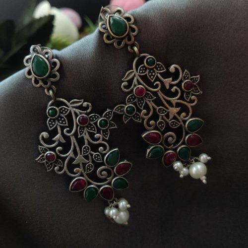 Floral Arts Oxidised Silver Replica Dangler Earrings - Image 2