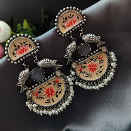 Handmade Silver Replica Monalisa Stone Hand-Painted Earrings - Image 2