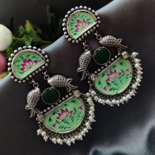 Handmade Silver Replica Monalisa Stone Hand-Painted Earrings - Image 3