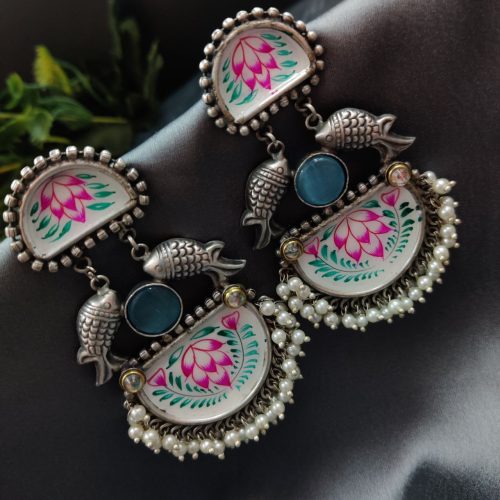 Handmade Silver Replica Monalisa Stone Hand-Painted Earrings