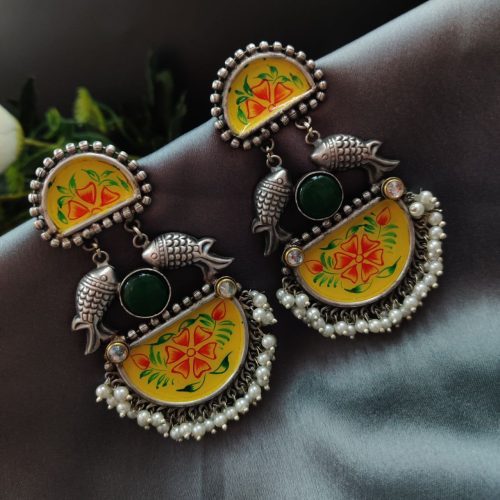 Handmade Silver Replica Monalisa Stone Hand-Painted Earrings - Image 4