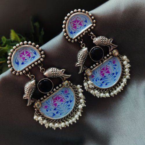 Handmade Silver Replica Monalisa Stone Hand-Painted Earrings - Image 5