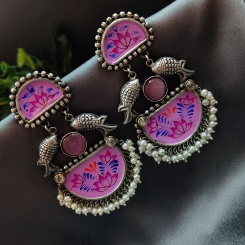 Handmade Silver Replica Monalisa Stone Hand-Painted Earrings - Image 6
