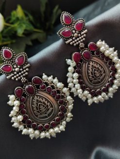 Drop Shape Silver Replica Dangler Stud Earrings adorned with elegant pearl beads.