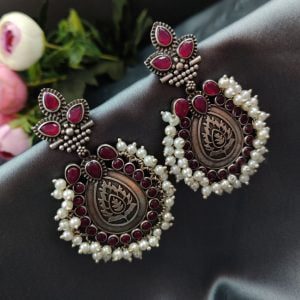 Drop Shape Silver Replica Dangler Stud Earrings adorned with elegant pearl beads.