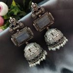 Bulk 74 Unique Silver Replica Oxidised Jambo Jhumka With Monalisa Stones - "Grey"