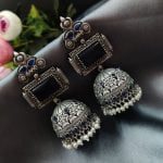 Bulk 72 Unique Silver Replica Oxidised Jambo Jhumka With Monalisa Stones - "Blue"