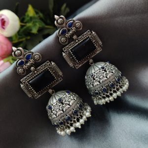 Unique Silver Replica Oxidised Jambo Jhumka With Monalisa Stones - Color: "Blue"