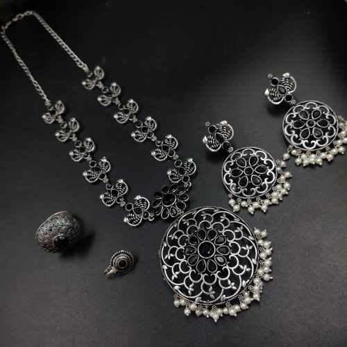 Oxidised Round Pendent Long Chain Combo Necklace Set with Rings And Nosepin