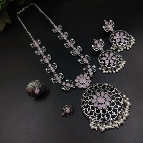 Oxidised Round Pendent Long Chain Combo Necklace Set with Rings And Nosepin - Image 6