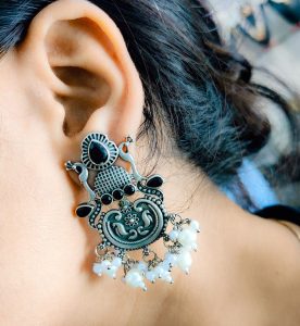 Replica Silver Look Like Stud Design With Peacock Designs Earrings - Color: "Black"