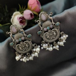 Replica Silver Look Like Stud Design With Peacock Designs Earrings - Color: "Baby Pink Mint"