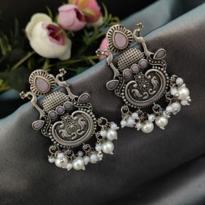 Replica Silver Look Like Stud Design With Peacock Designs Earrings - Color: "Baby Pink"