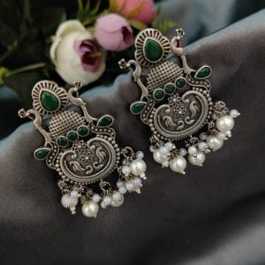 Replica Silver Look Like Stud Design With Peacock Designs Earrings - Color: "Green"