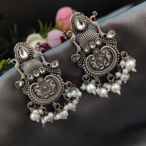 Replica Silver Look Like Stud Design With Peacock Designs Earrings - Color: "White"