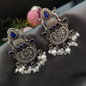 Replica Silver Look Like Stud Design With Peacock Designs Earrings - Color: "Blue"