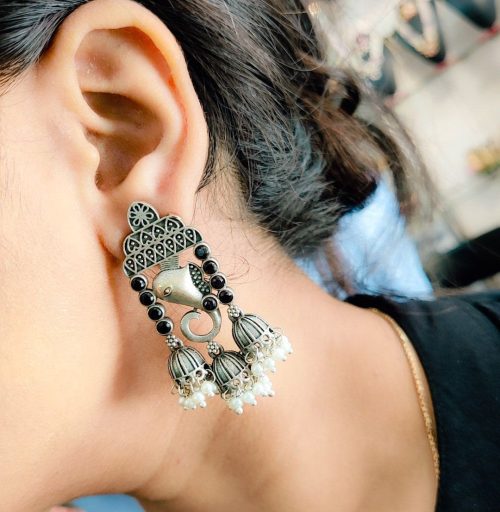 Replica Silver Look Like  Ganesha Stud Design With Peacock Designs Earrings