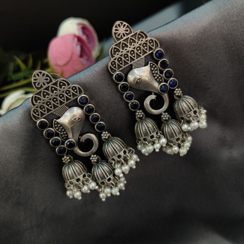 Replica Silver Look Like  Ganesha Stud Design With Peacock Designs Earrings - Image 8