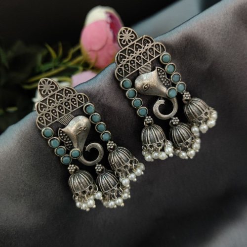 Replica Silver Look Like  Ganesha Stud Design With Peacock Designs Earrings - Image 4