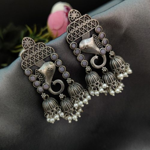 Replica Silver Look Like  Ganesha Stud Design With Peacock Designs Earrings - Image 5