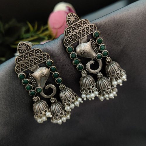 Replica Silver Look Like  Ganesha Stud Design With Peacock Designs Earrings - Image 6